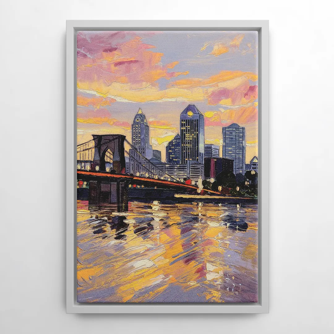 Cincinnati Skyline at Sunset - White Frame Canvas