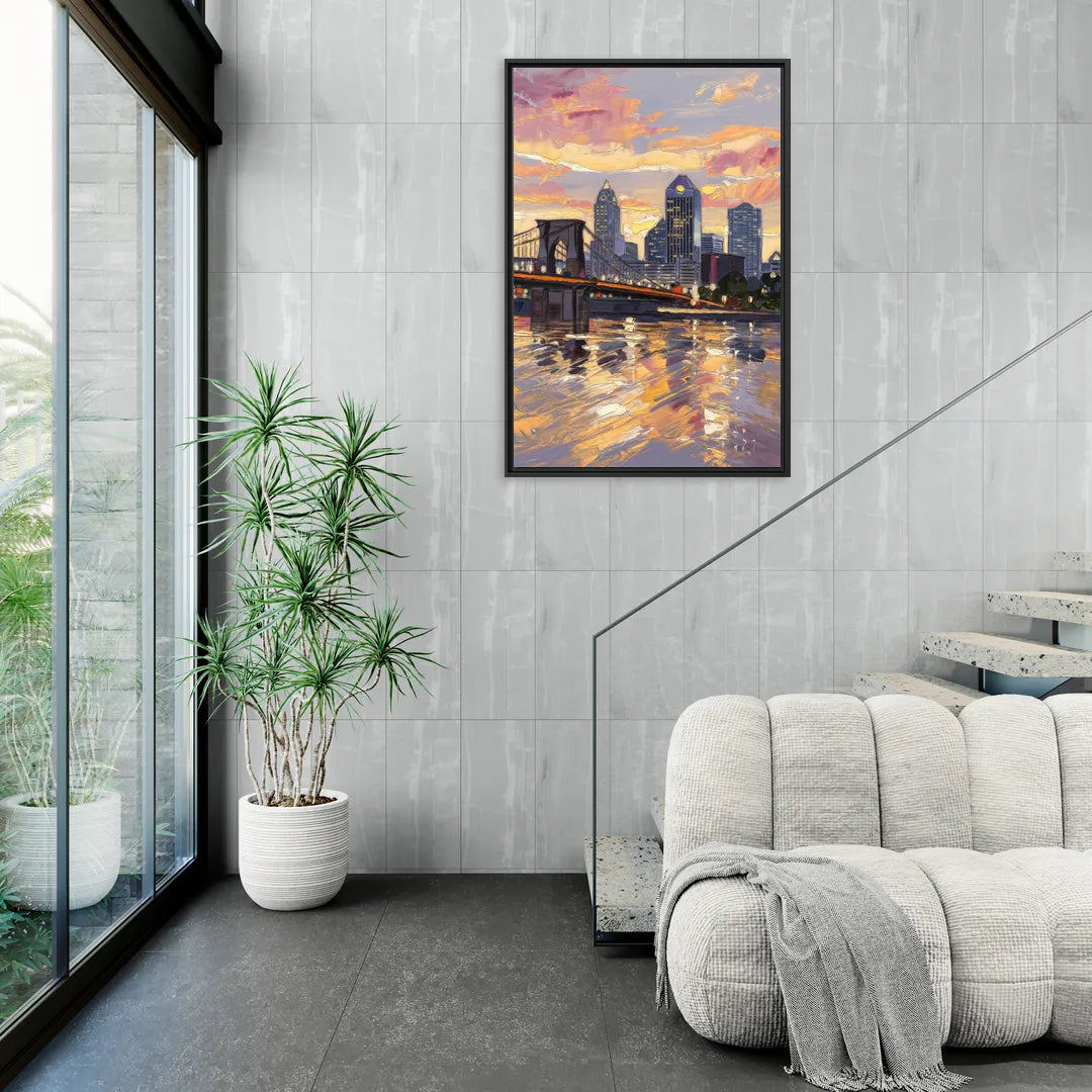 Cincinnati Skyline at Sunset - Living Room Black Frame Canvas