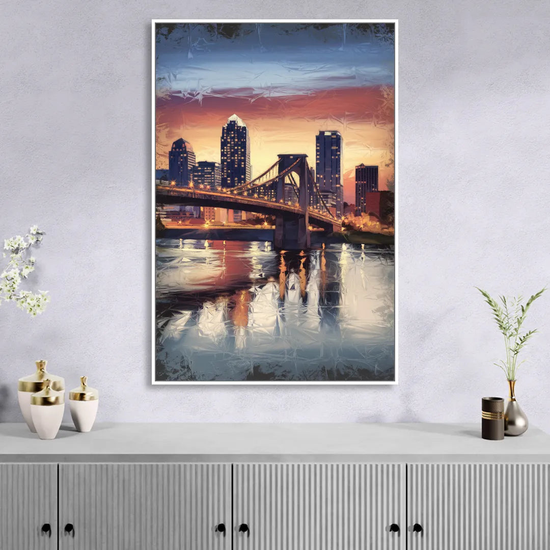 Cincinnati Skyline with River Reflection Sitting Room - White Canvas Wall Art