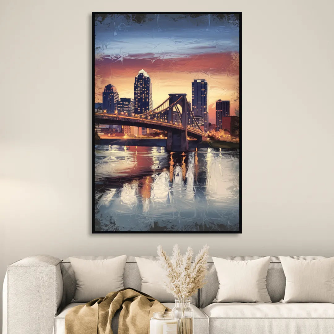 Cincinnati Skyline with River Reflection Sitting Room - Black Canvas Wall Art