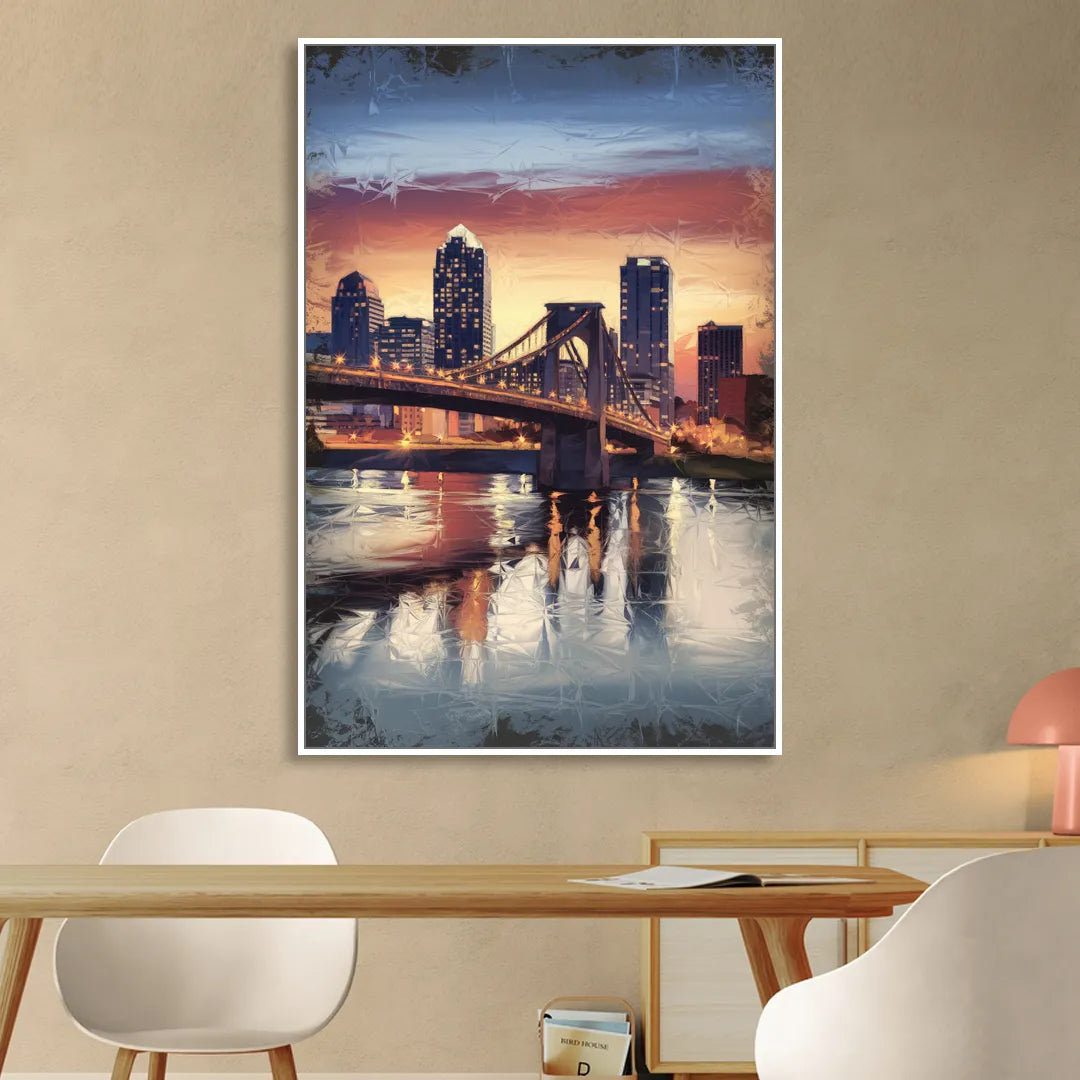 Cincinnati Skyline with River Reflection Living Room - White Canvas Wall Art