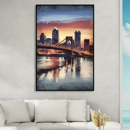 Cincinnati Skyline with River Reflection Living Room - Black Canvas Wall Art