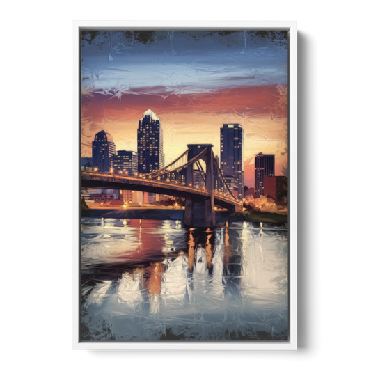 Cincinnati Skyline with River Reflection - White Framed Canvas Wall Art - Front