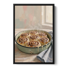 Cinnamon Roll Painting in a Sage Enamel Pan - Black Framed Canvas Wall Art - Front