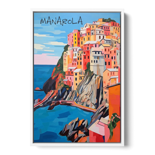 Cinque Terre Art of Manarola - White Framed Canvas Wall Art - Front
