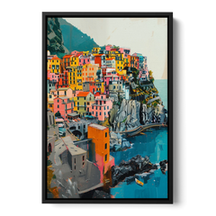 Cinque Terre Painting of a Cliff Village - Black Framed Canvas Wall Art - Front