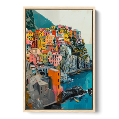 Cinque Terre Painting of a Cliff Village - Oak Framed Canvas Wall Art - Front