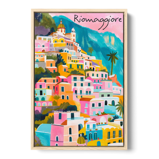 Cinque Terre Wall Art in Candy Colors - Oak Framed Canvas Wall Art - Front