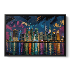 City at Night Painting Along the River - Black Framed Canvas Wall Art - Front
