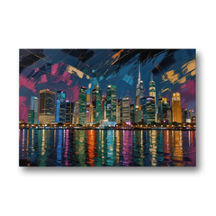 City at Night Painting Along the River - Canvas Wall Art - Front
