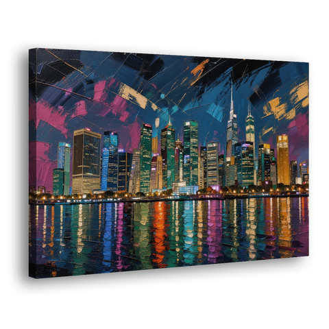 City at Night Painting Along the River - Canvas Wall Art - Side