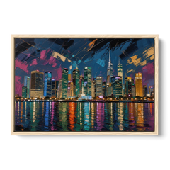 City at Night Painting Along the River - Oak Framed Canvas Wall Art - Front