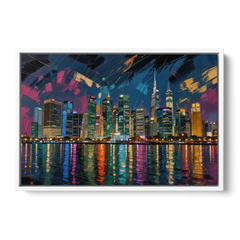 City at Night Painting Along the River - White Framed Canvas Wall Art - Front
