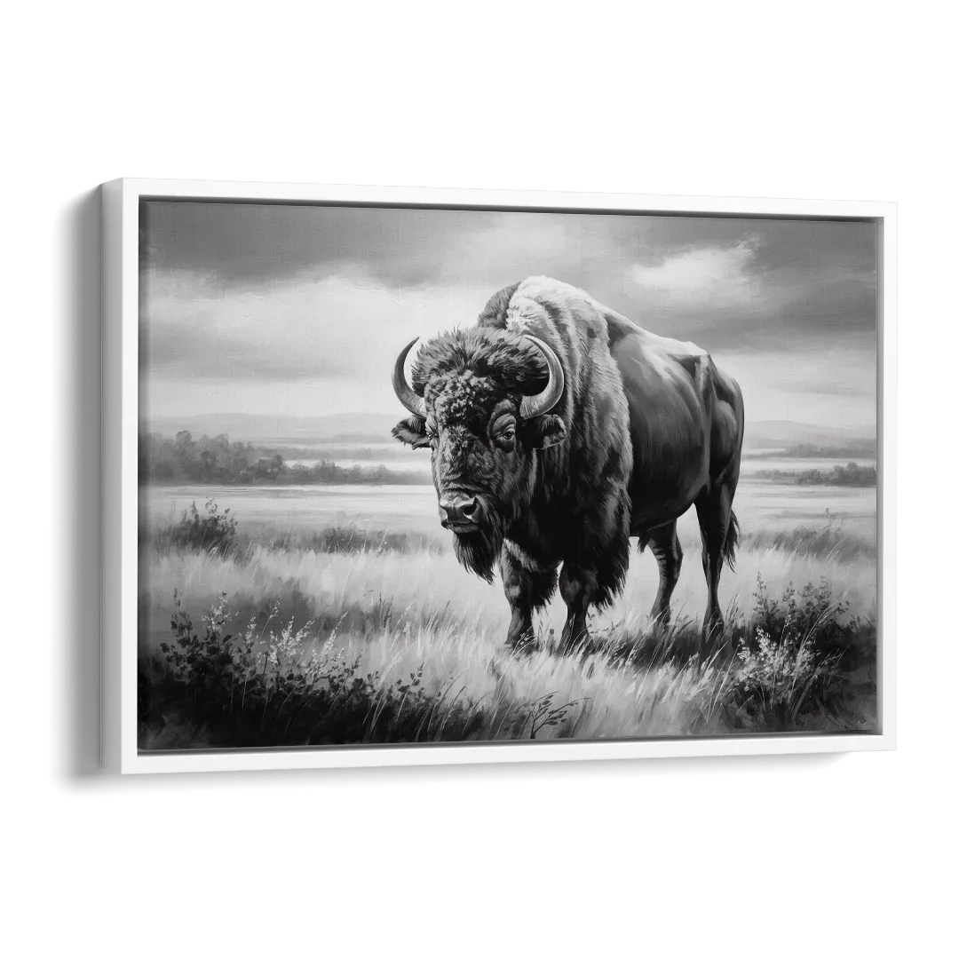 Classic Black and White Buffalo Side - White Canvas Wall Art