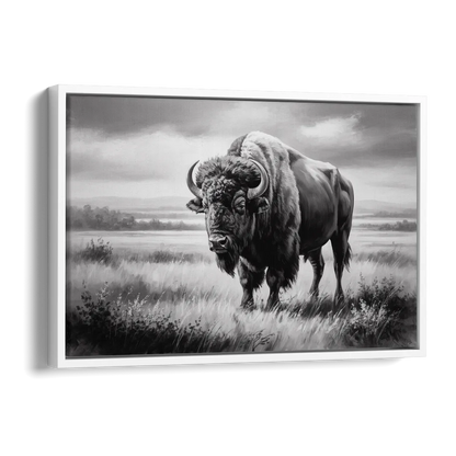 Classic Black and White Buffalo Side - White Canvas Wall Art