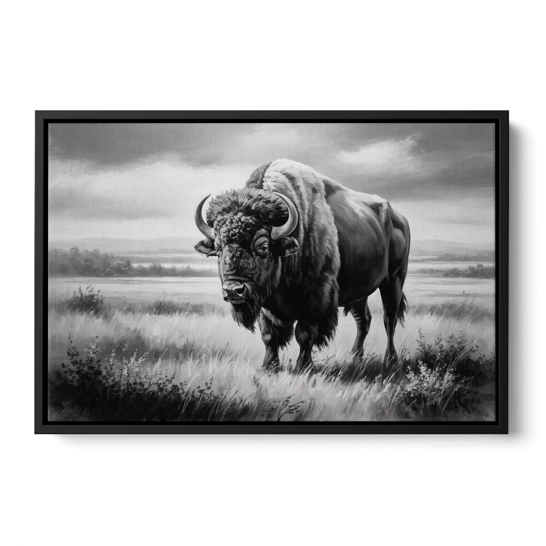 Classic Black and White Buffalo Front - Black Canvas Wall Art
