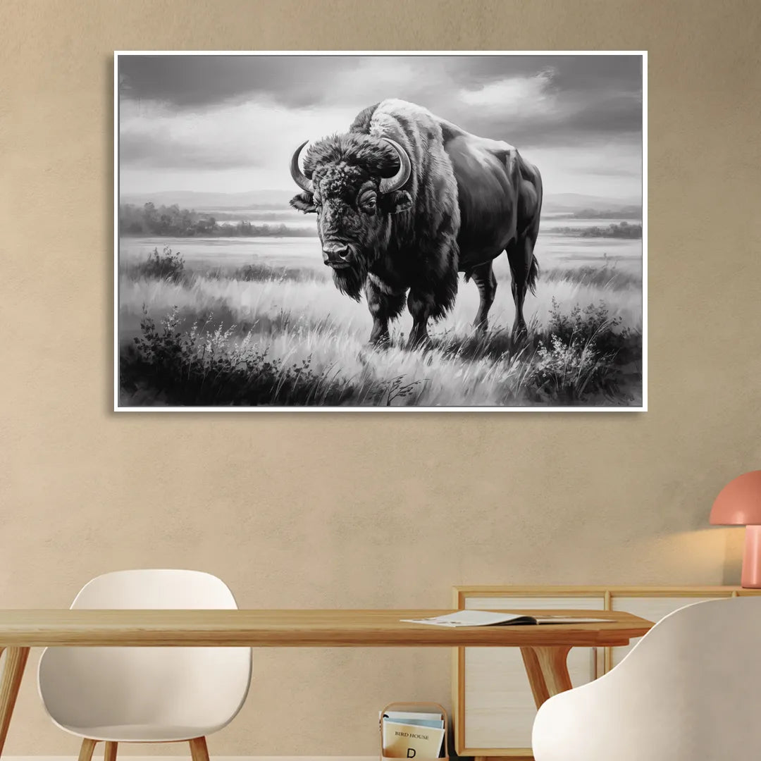 Classic Black and White Buffalo Living Room - White Canvas Wall Art