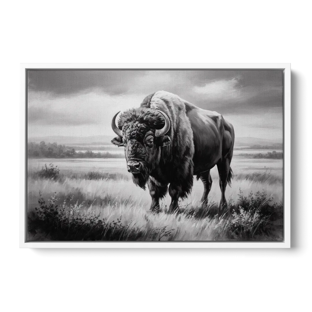 Classic Black and White Buffalo Front - White Canvas Wall Art
