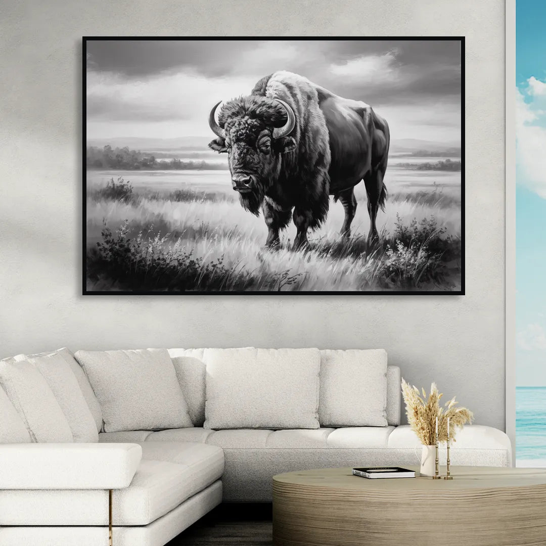 Classic Black and White Buffalo Living Room - Black Canvas Wall Art