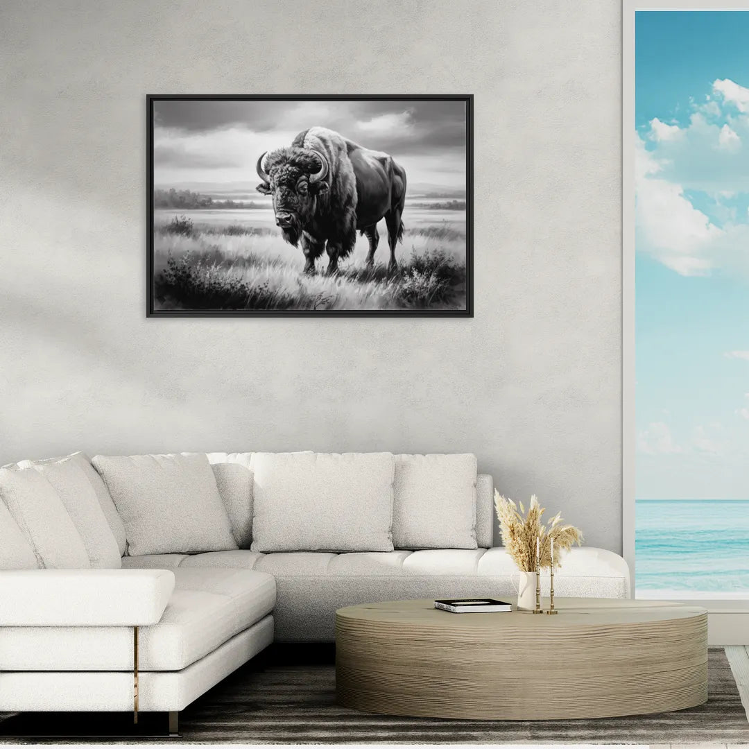 Classic Black and White Buffalo - Living Room Black Frame Canvas