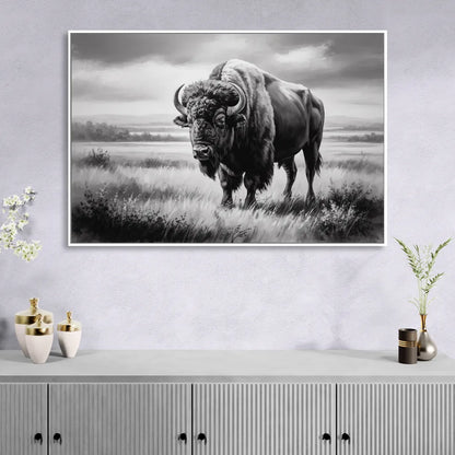 Classic Black and White Buffalo Sitting Room - White Canvas Wall Art