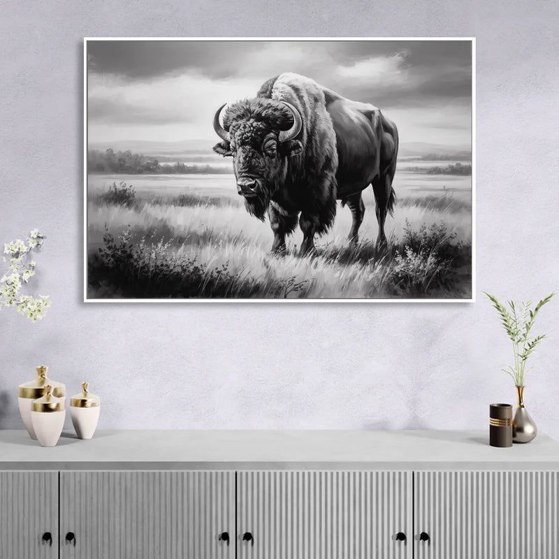 Classic Black and White Buffalo Sitting Room - White Canvas Wall Art