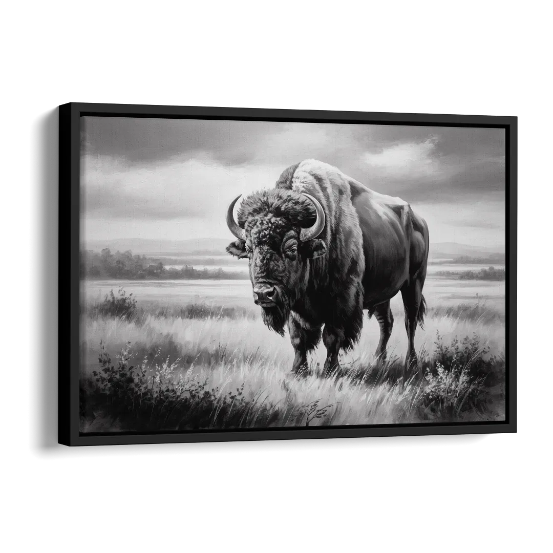 Classic Black and White Buffalo Side - Black Canvas Wall Art