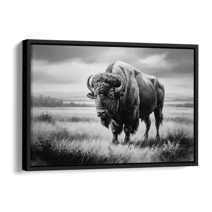 Classic Black and White Buffalo Side - Black Canvas Wall Art