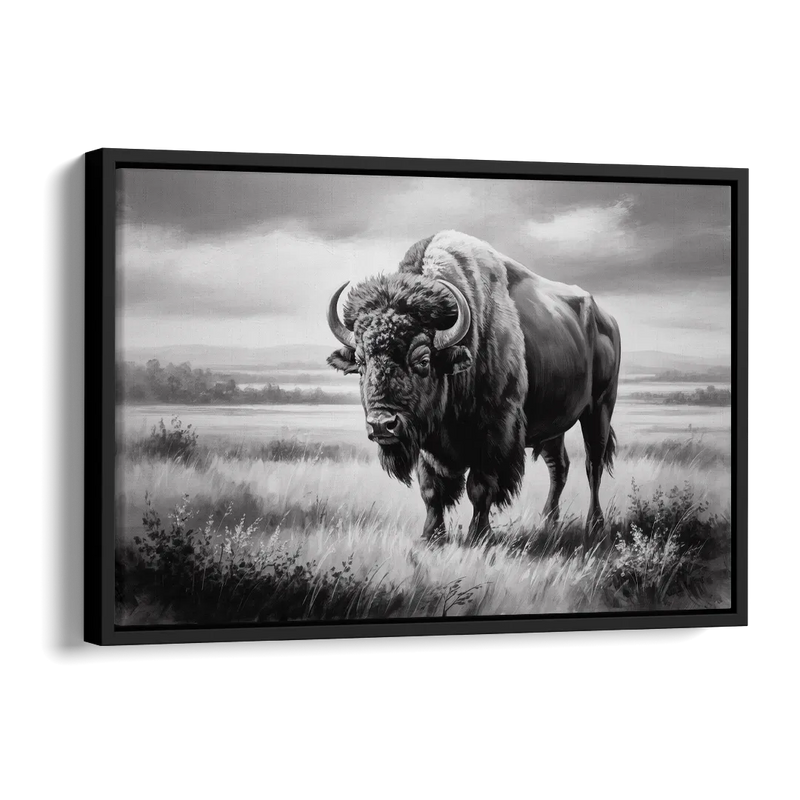 Classic Black and White Buffalo Side - Black Canvas Wall Art