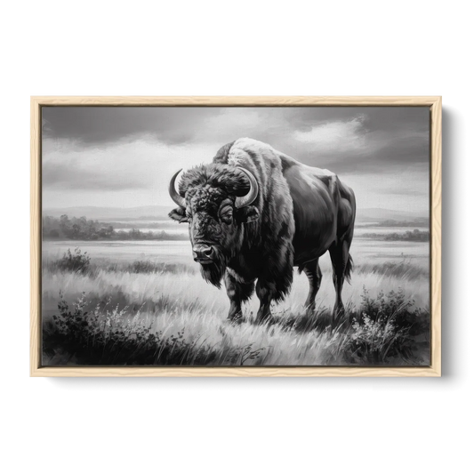 Classic Black and White Buffalo - Oak Framed Canvas Wall Art - Front