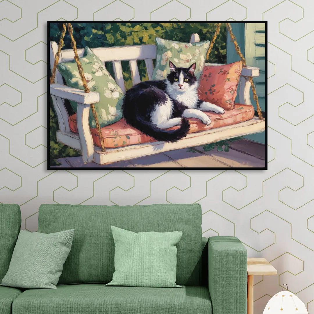 Classic Black and White Cat Sitting Room - Black Canvas Wall Art