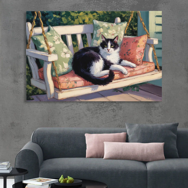 Classic Black and White Cat Sitting Room - Canvas Wall Art