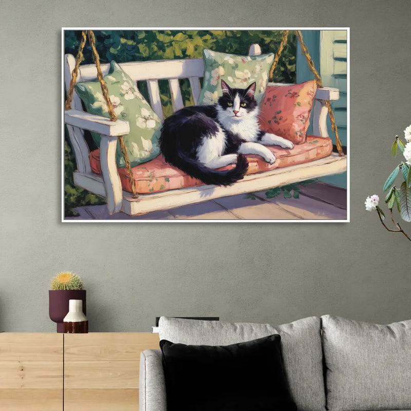 Classic Black and White Cat Sitting Room - White Canvas Wall Art