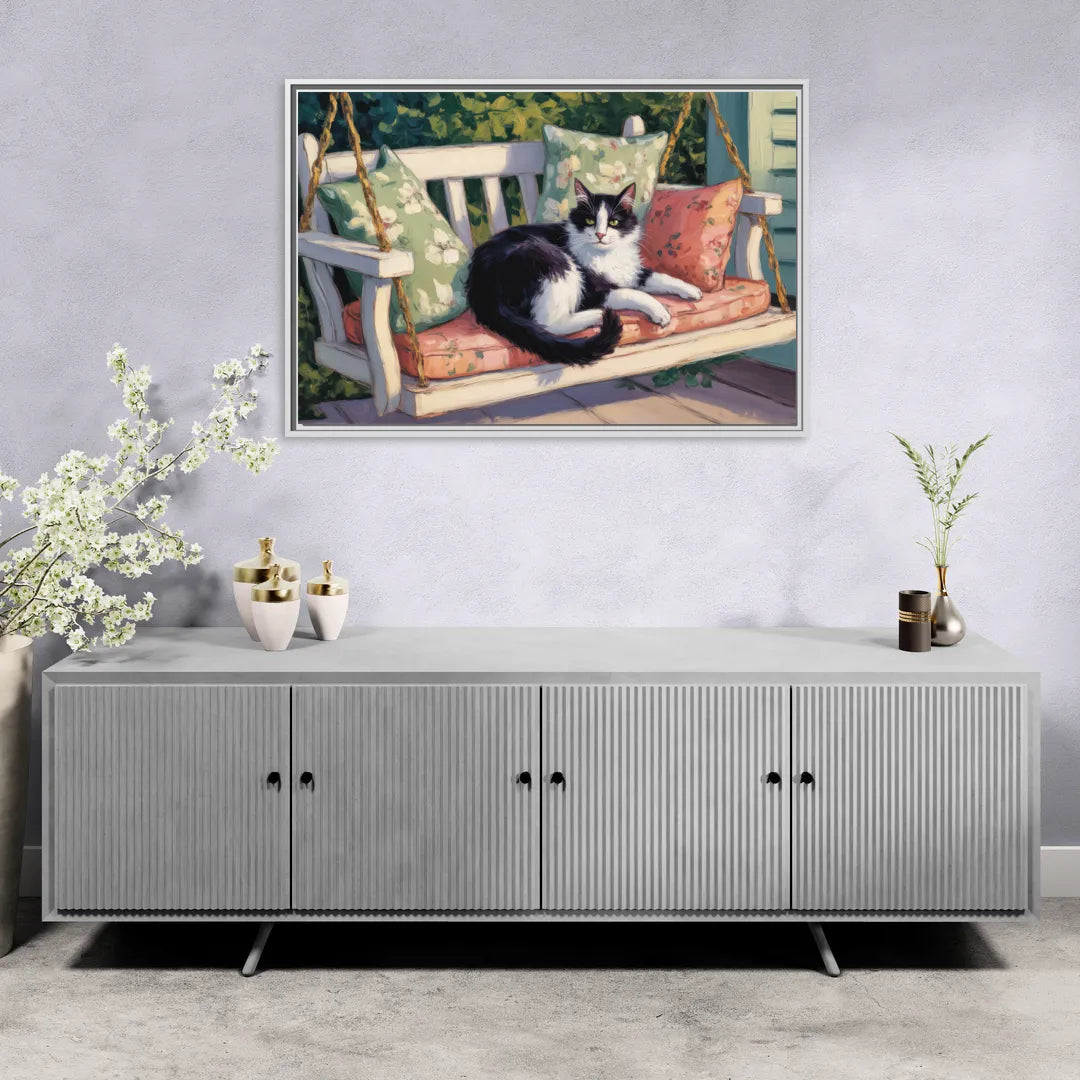 Classic Black and White Cat - Living Room White Frame Canvas