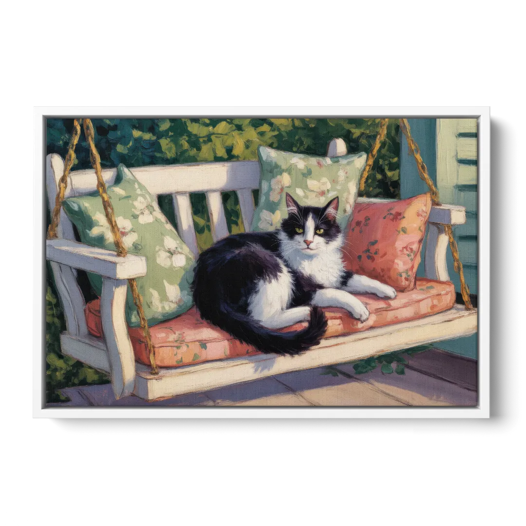 Classic Black and White Cat - White Frame Canvas