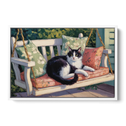 Classic Black and White Cat - White Frame Canvas