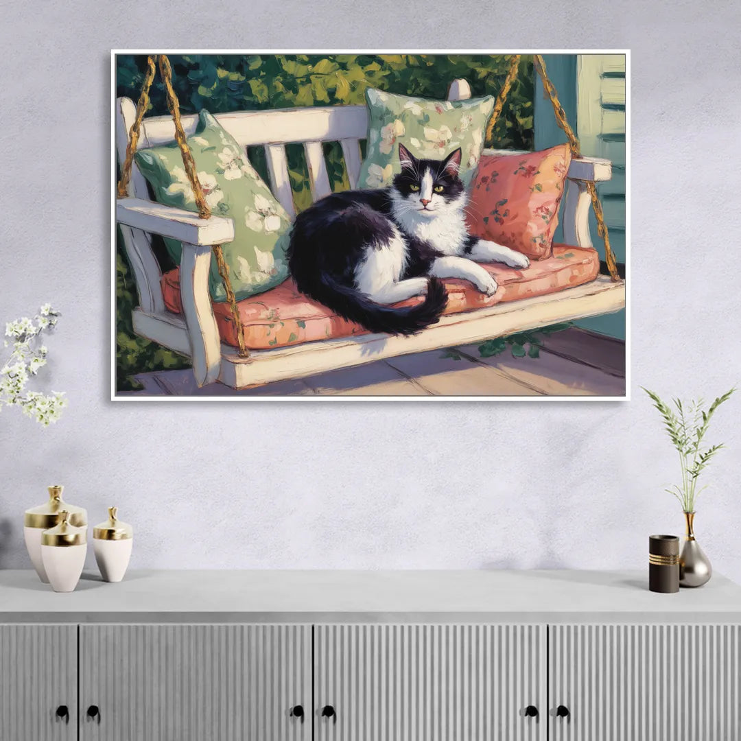 Classic Black and White Cat Living Room - White Canvas Wall Art