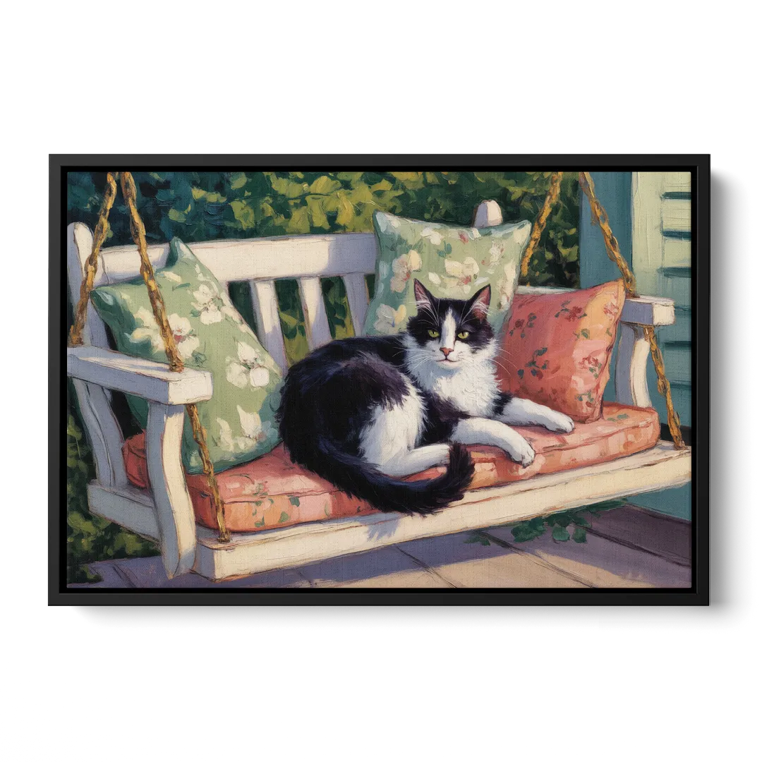 Classic Black and White Cat Front - Black Canvas Wall Art