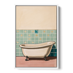 Clawfoot Tub Painting with Star Tiles - White Framed Canvas Wall Art - Front