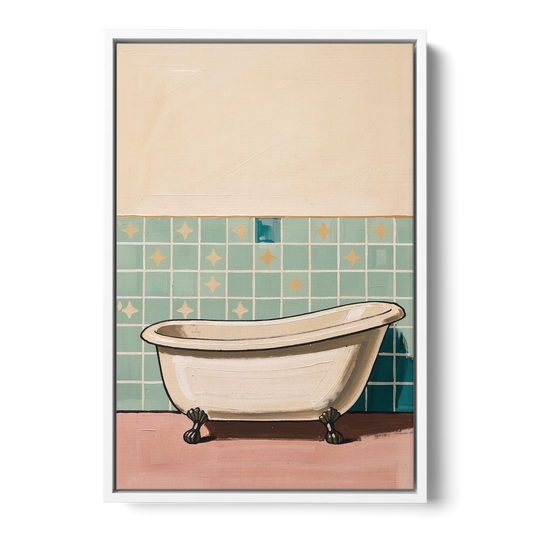Clawfoot Tub Painting with Star Tiles - White Framed Canvas Wall Art - Front