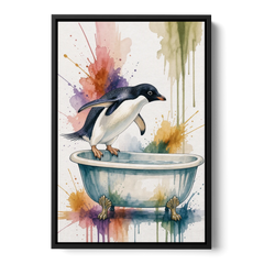 Clawfoot Tub Wall Art Penguin Ready to Dive - Black Framed Canvas Wall Art - Front