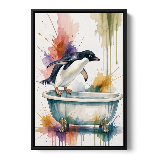 Clawfoot Tub Wall Art Penguin Ready to Dive - Black Framed Canvas Wall Art - Front