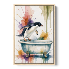 Clawfoot Tub Wall Art Penguin Ready to Dive - Oak Framed Canvas Wall Art - Front