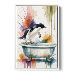 Clawfoot Tub Wall Art Penguin Ready to Dive - White Framed Canvas Wall Art - Front