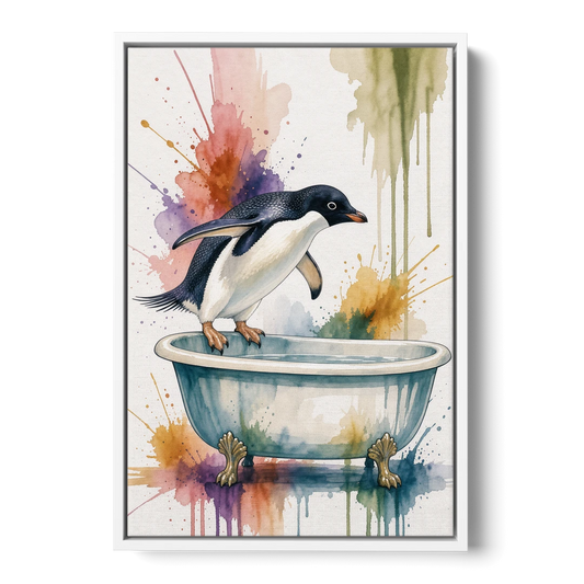 Clawfoot Tub Wall Art Penguin Ready to Dive - White Framed Canvas Wall Art - Front