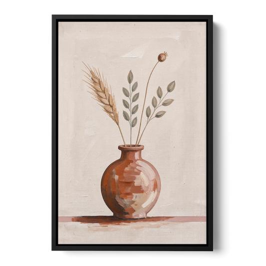 Clay Vase Painting with Three Dried Stems - Black Framed Canvas Wall Art - Front