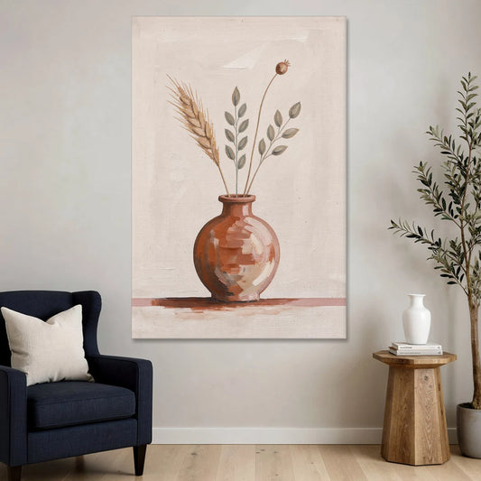 Clay Vase Painting with Three Dried Stems - Canvas Wall Art - Sofa - 40x60