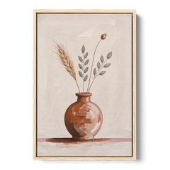 Clay Vase Painting with Three Dried Stems - Oak Framed Canvas Wall Art - Front