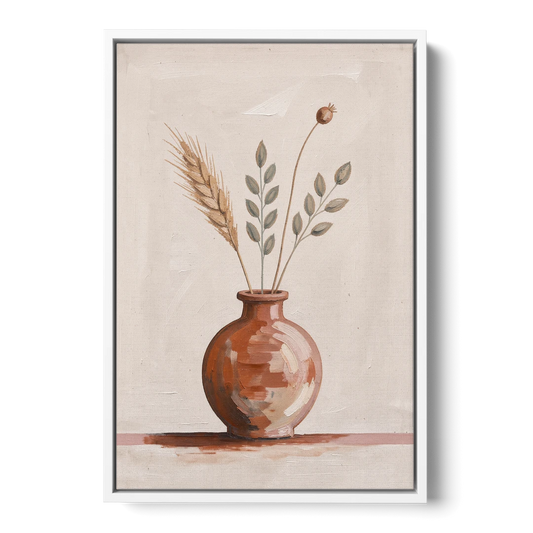 Clay Vase Painting with Three Dried Stems - White Framed Canvas Wall Art - Front