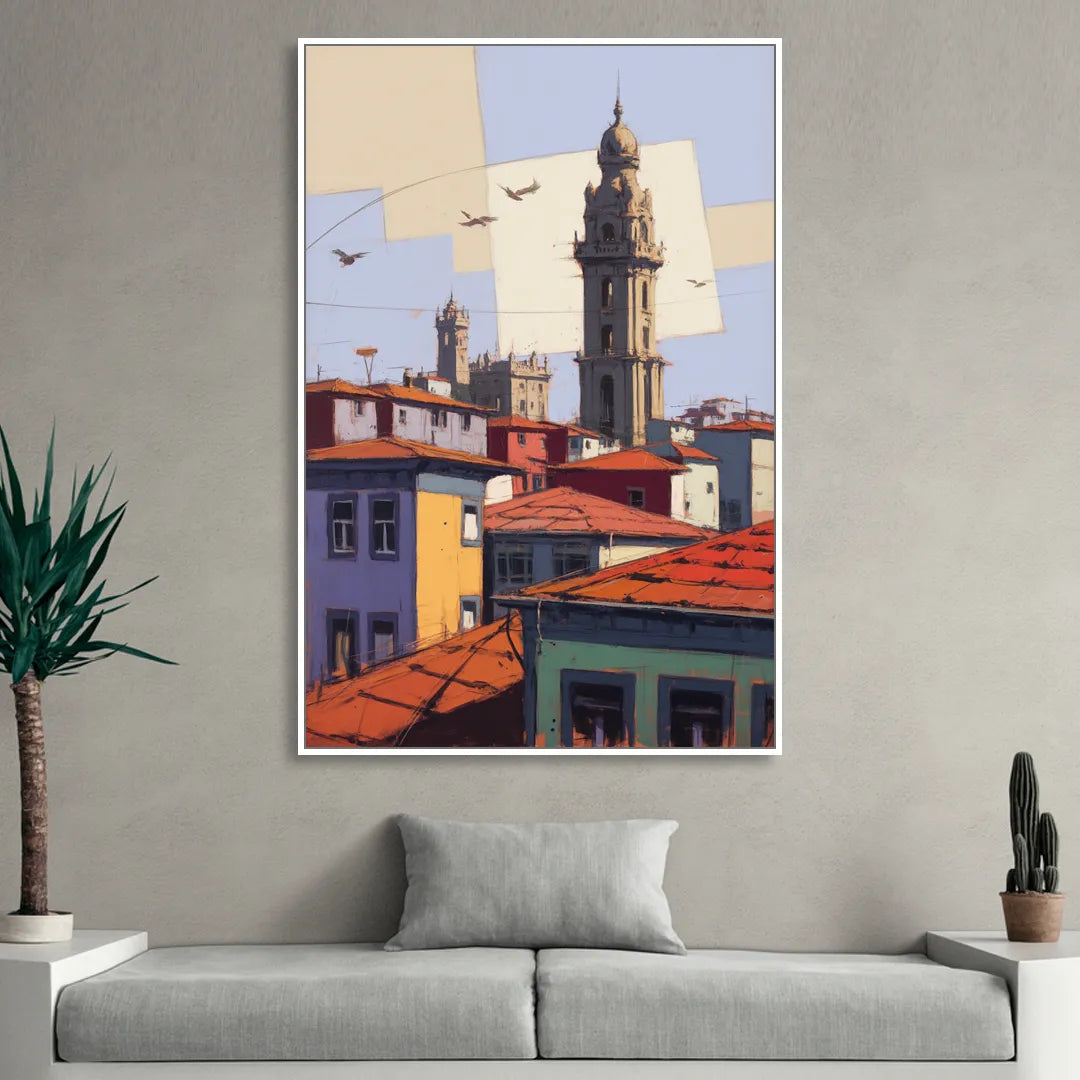 Clerigos Tower View Living Room - White Canvas Wall Art